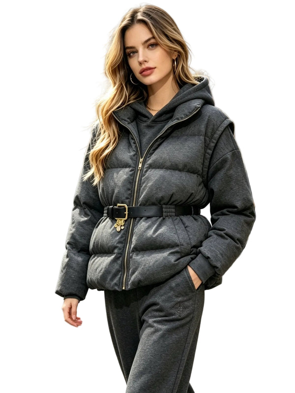 Women's 3-Piece Winter Tracksuit with Belted Puffer Jacket