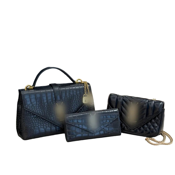 Black handbag set with crocodile-embossed leather
