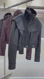 Cropped Textured Leather Biker Jacket with Snap Closure