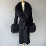 Long Belted Coat with Curly Shearling-Style Trim