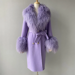 Long Belted Coat with Curly Shearling-Style Trim