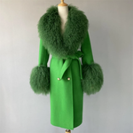 Long Belted Coat with Curly Shearling-Style Trim