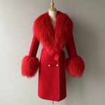 Long Belted Coat with Curly Shearling-Style Trim