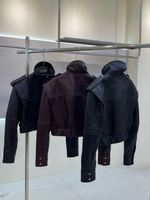 Cropped Textured Leather Biker Jacket with Snap Closure