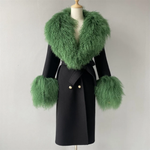 Long Belted Coat with Curly Shearling-Style Trim