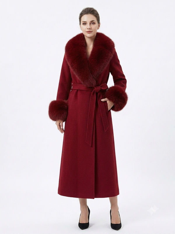 Winter cashmere long coat with real fox fur