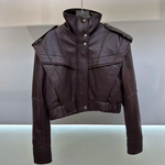 Cropped Textured Leather Biker Jacket with Snap Closure