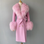 Long Belted Coat with Curly Shearling-Style Trim