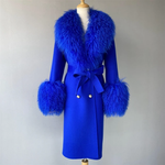 Long Belted Coat with Curly Shearling-Style Trim