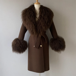 Long Belted Coat with Curly Shearling-Style Trim