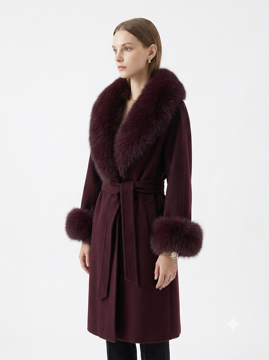 Luxury cashmere coat with fox fur collar