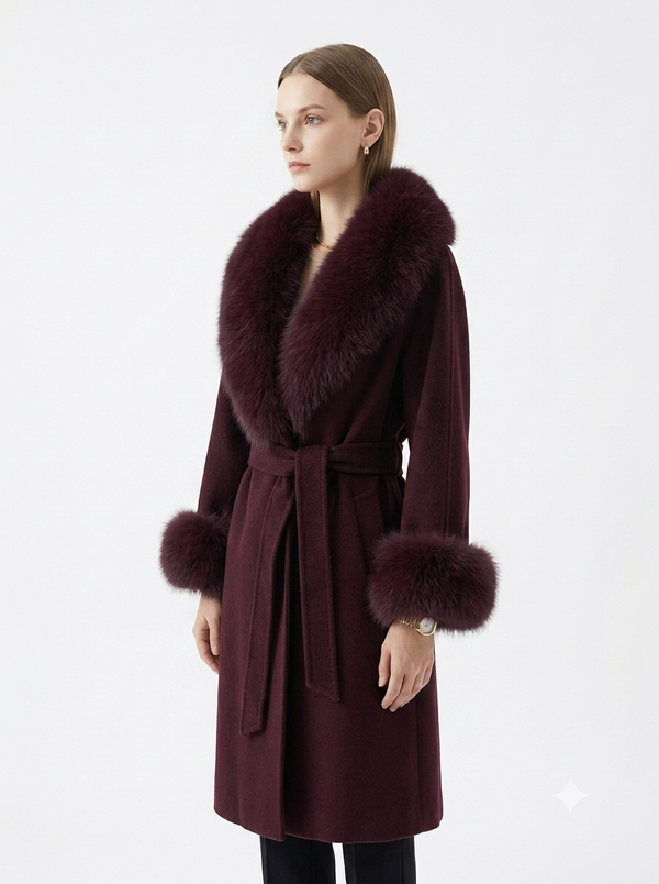 Luxury cashmere coat with fox fur collar