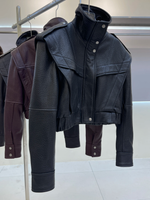 Cropped Textured Leather Biker Jacket with Snap Closure