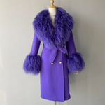 Long Belted Coat with Curly Shearling-Style Trim