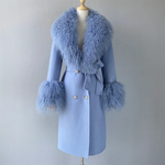 Long Belted Coat with Curly Shearling-Style Trim