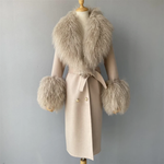 Long Belted Coat with Curly Shearling-Style Trim
