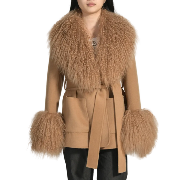 Women's Luxury Winter Pure Wool Double-Faced Coat with Real Mongolian Fur Collar