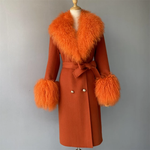 Long Belted Coat with Curly Shearling-Style Trim