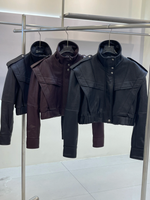 Cropped Textured Leather Biker Jacket with Snap Closure