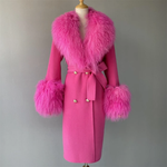 Long Belted Coat with Curly Shearling-Style Trim